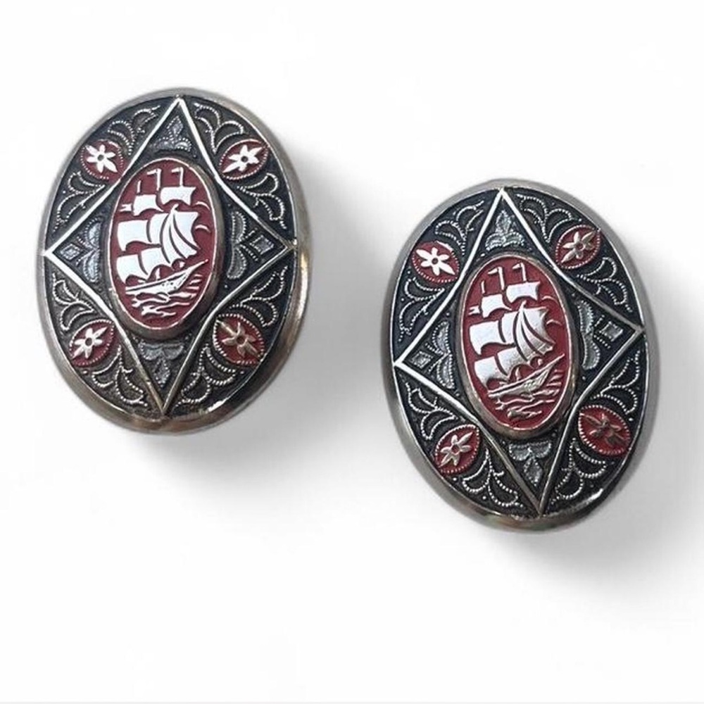 Vintage Signed West Germany Sailboat Clip On Earrings Silver Toned
